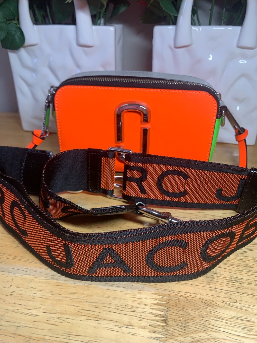 Marc Jacobs Neon Orange and Lime Snapshot Crossbody Bag with Branded Strap